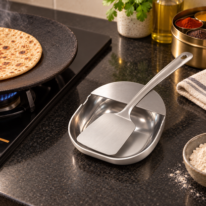 Spatula resting in stainless steel kitchen utensil rest