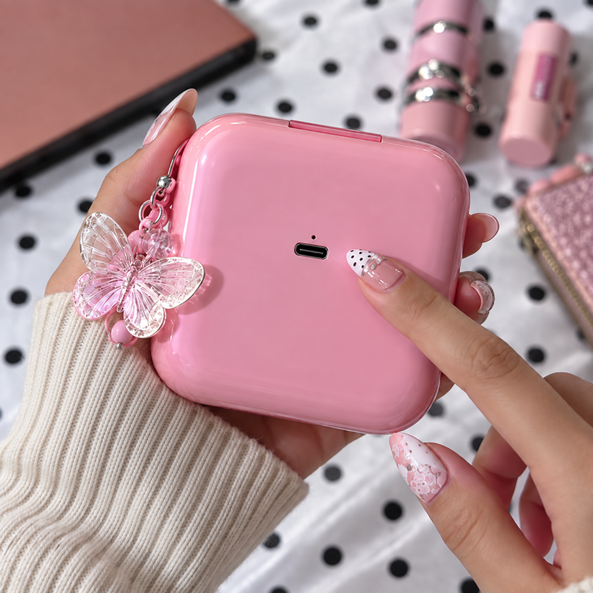 Pink Touch-Light Mirror USB-C charging port detail