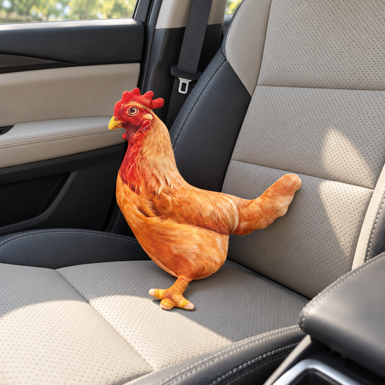Hen Plush Pillow on a car seat
