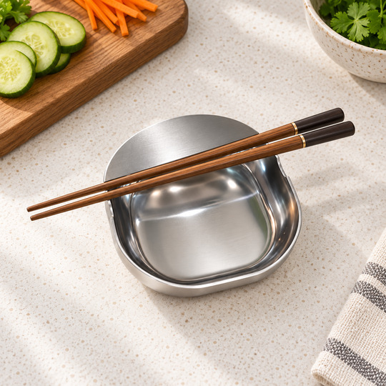 Chopsticks resting over stainless steel kitchen utensil rest