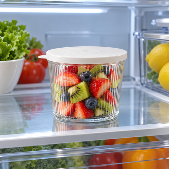 Ribbed Glass Storage Jar storing fruit in refrigerator