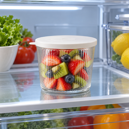 Ribbed Glass Storage Jar storing fruit in refrigerator