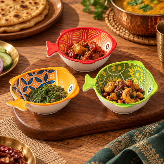 Fish ceramic bowls serving chutney pickle and nuts