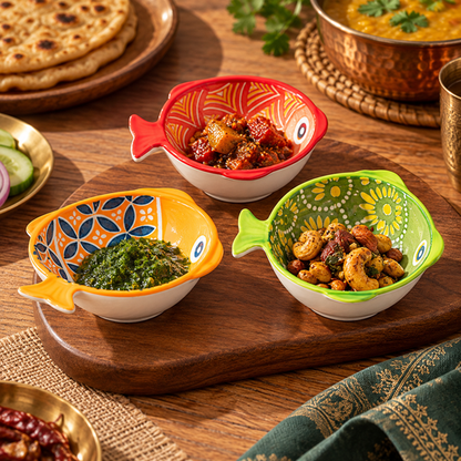 Fish ceramic bowls serving chutney pickle and nuts
