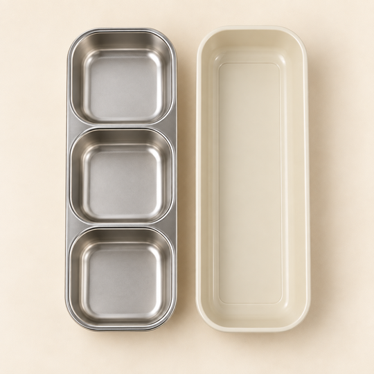 Removable stainless steel insert and beige outer base