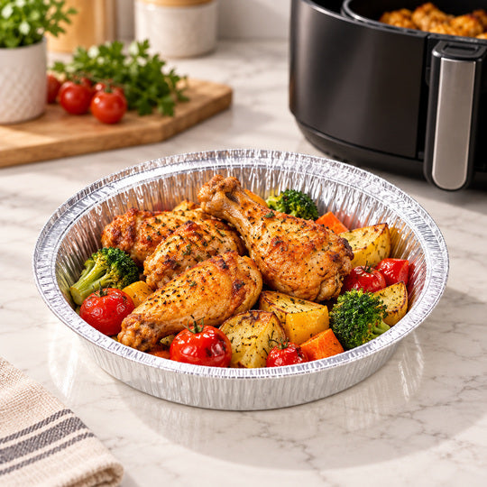 Cooked food served in the disposable foil bowl