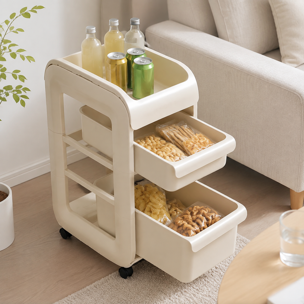 Rolling trolley holding drinks and snacks