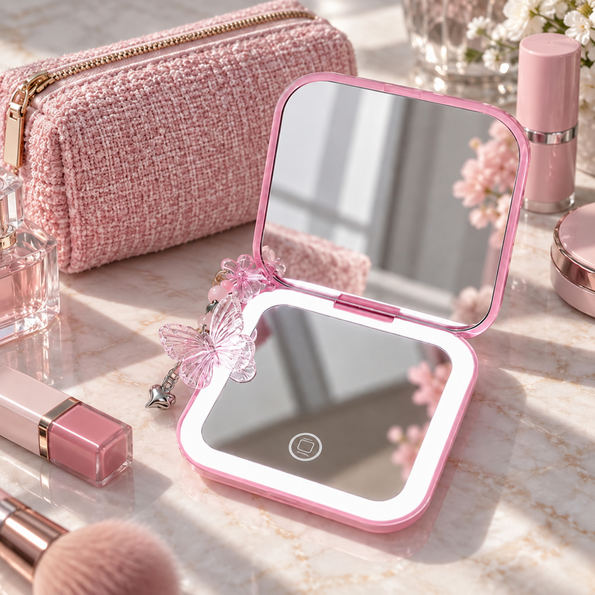 Pink Touch-Light Mirror travel beauty setup