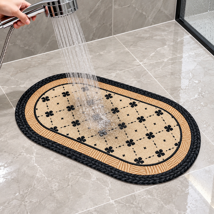 Water rinse demonstration on oval bathroom mat