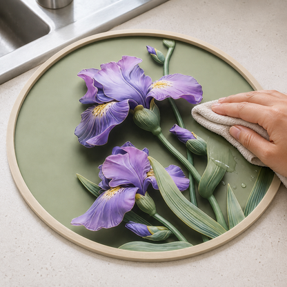 Iris Bloom kitchen counter mat being wiped clean
