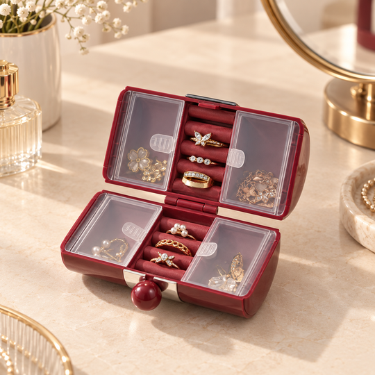Wine-red Mini Jewelry Travel Case open detail