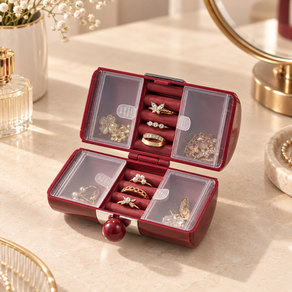 Wine-red Mini Jewelry Travel Case open detail