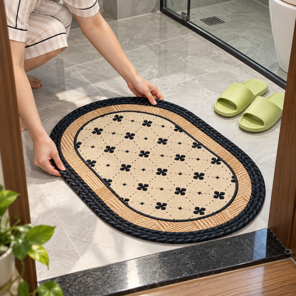 Placing oval floral bathroom mat at doorway