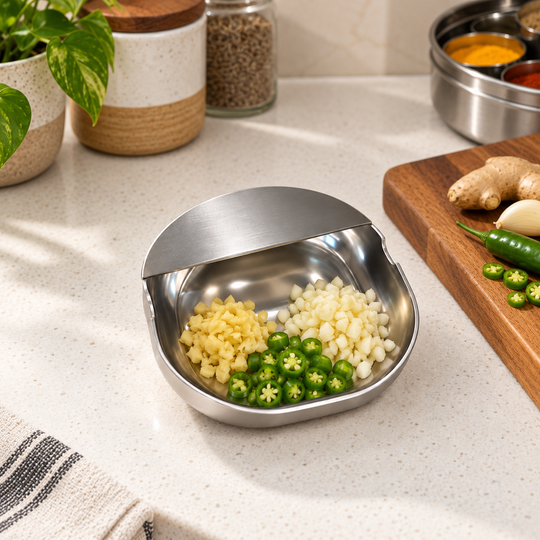 Stainless steel kitchen utensil rest used during ingredient preparation