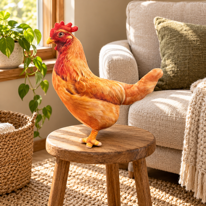 Hen Plush Pillow in a reading nook