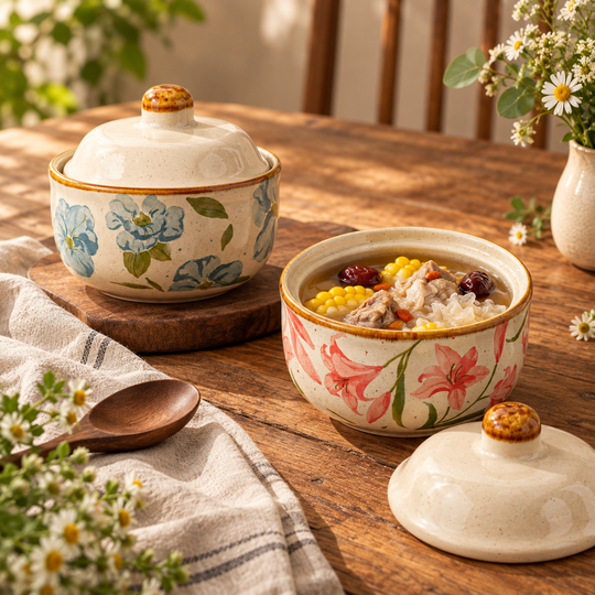 Vintage Blossom Serving Bowls on a dining table