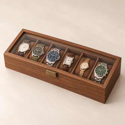 6 Slot Wooden Watch Box with six compartments and a closed transparent lid; watches shown for display