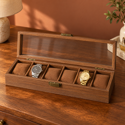 Open six-compartment wooden watch box with brown cushions