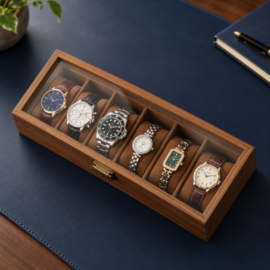 Six watches visible through the transparent lid