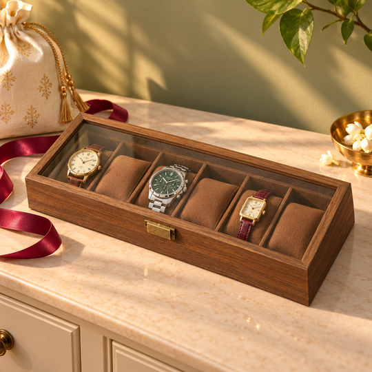 Watch box in a gifting context; styling props not included