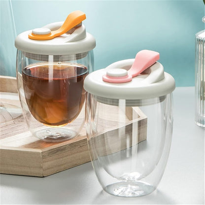 Double Layer Glass Cup With Lid