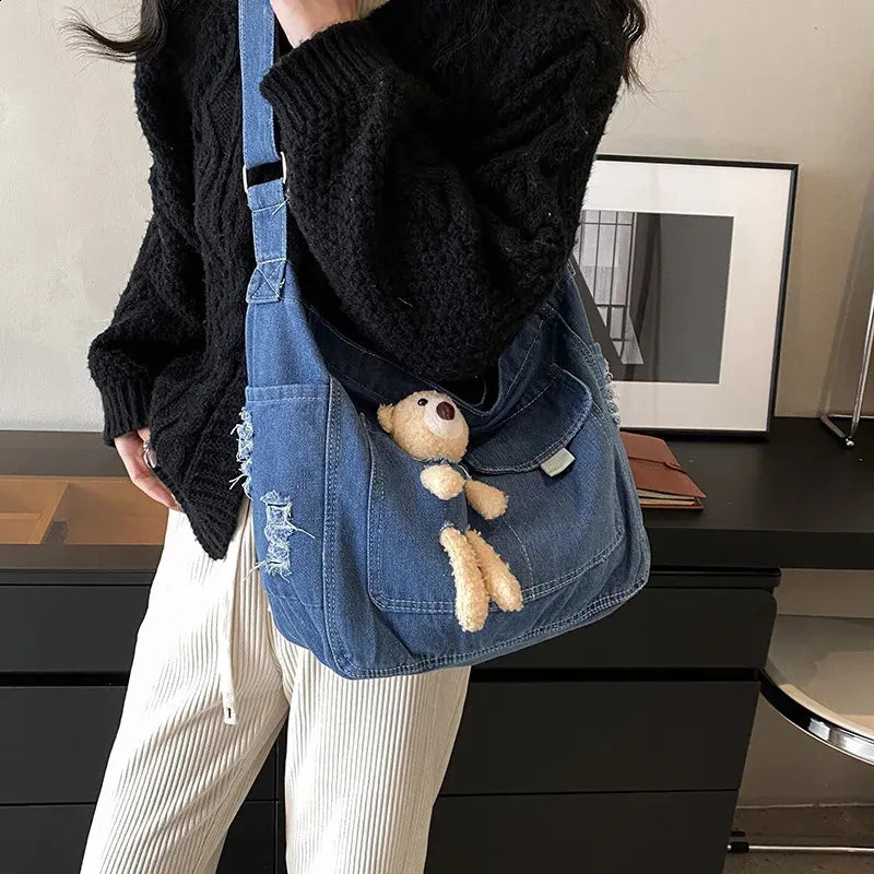Bear Denim Crossbody Bag