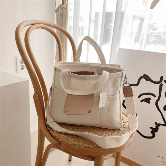 Multi-Pocket Canvas Tote Bag