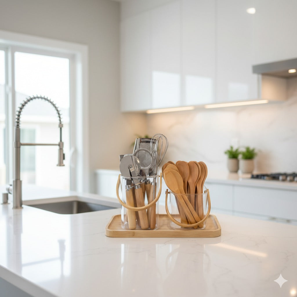 Bamboo Handle Glass Organizer Set