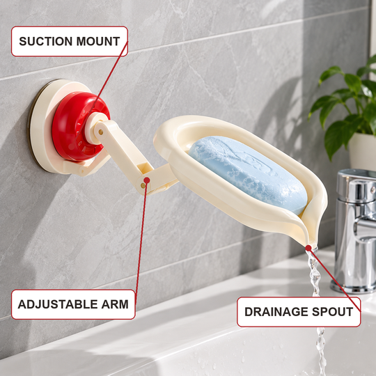 Suction mount adjustable arm and drainage features