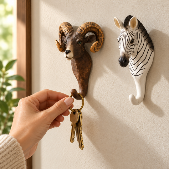 Keys placed on a ram animal wall hook