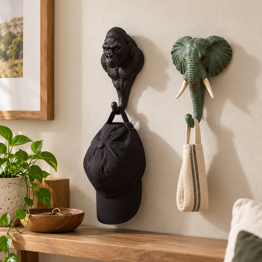 Gorilla and elephant animal wall hooks in use