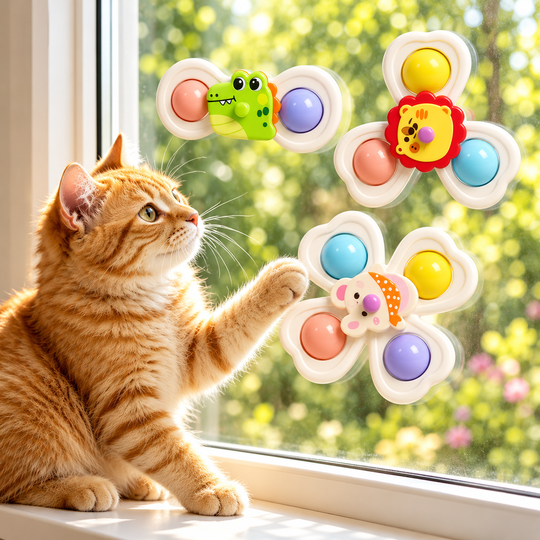 Animal Suction Spinner Toy — cat beside window display