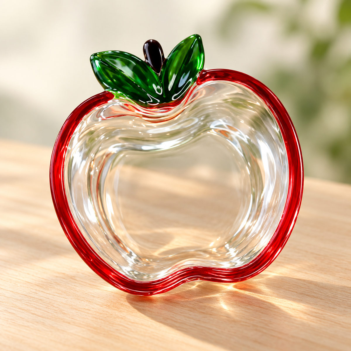 Apple shaped Glass Dish with a red rim and green leaf detail