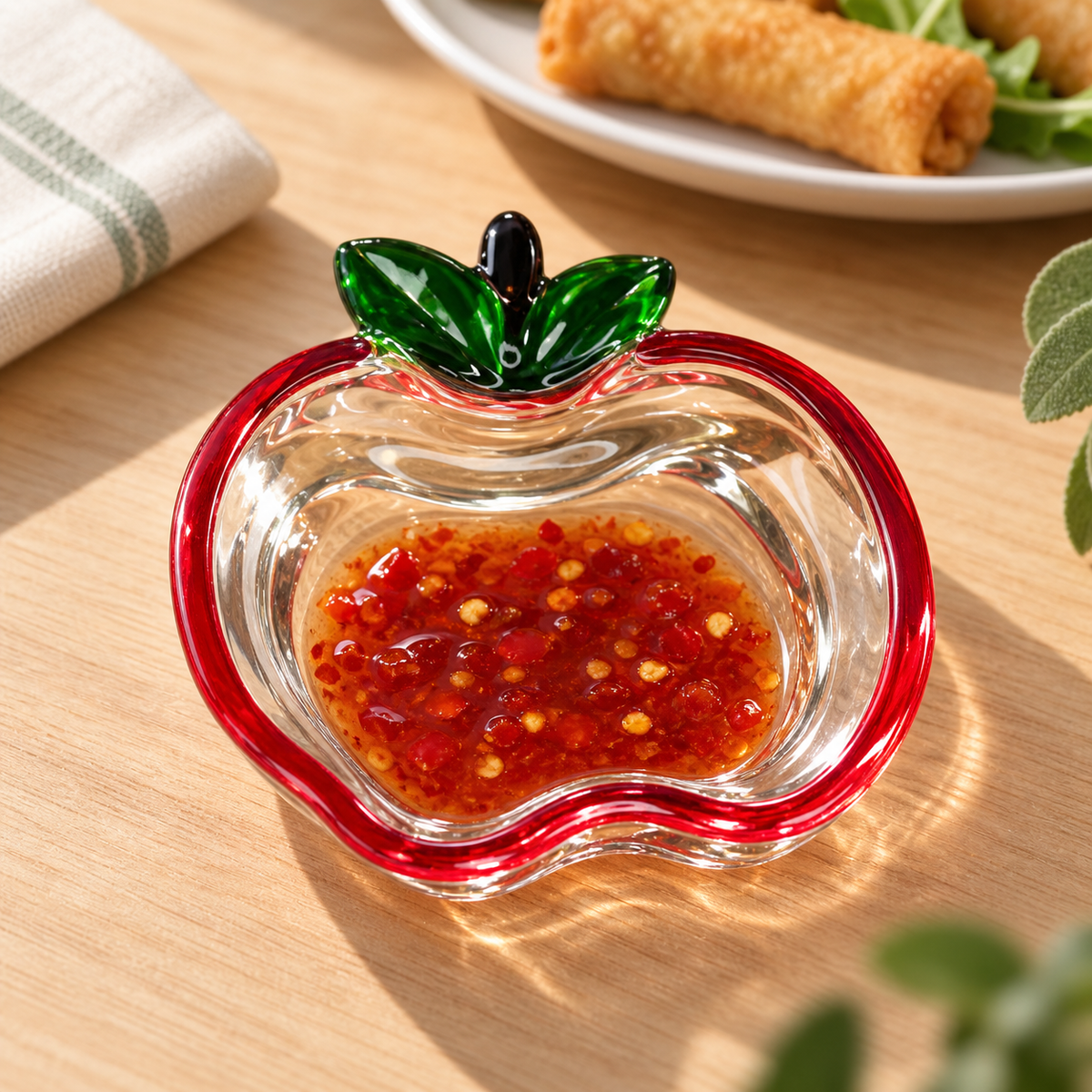 Apple glass dish holding dipping sauce