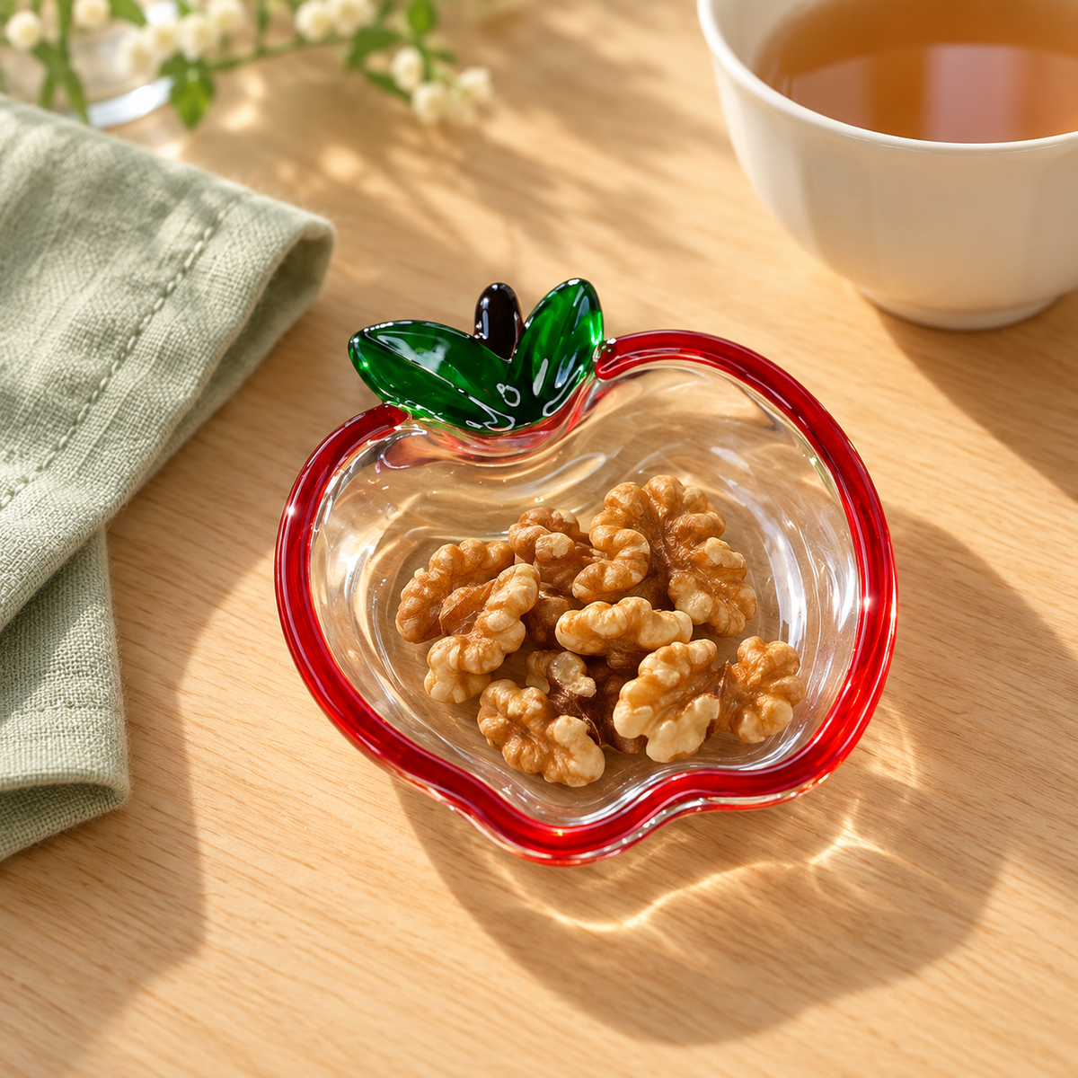 Apple glass dish holding walnuts