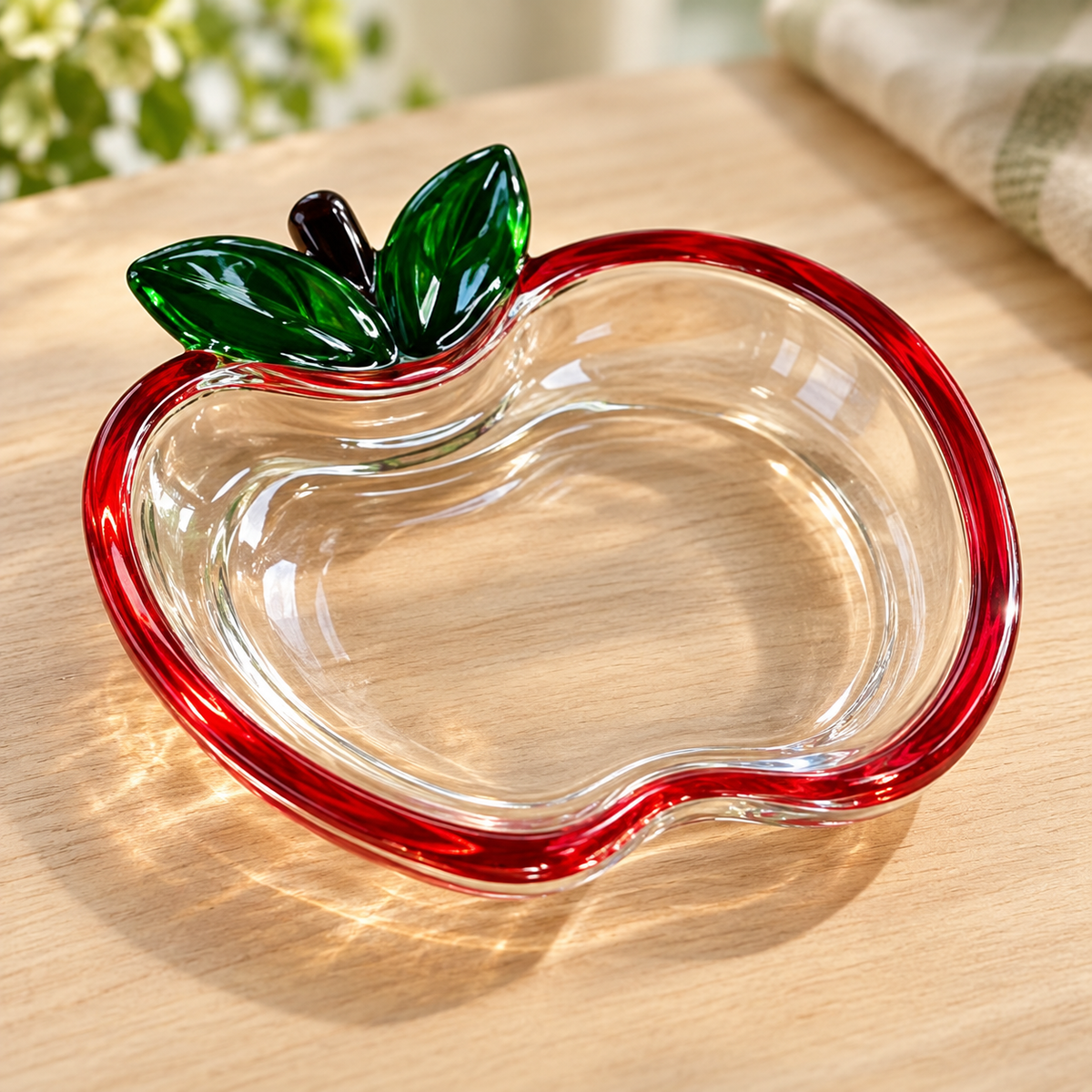 Shallow profile and clear well of apple glass dish