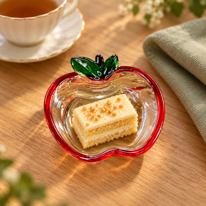 Apple glass dish holding a small cake slice