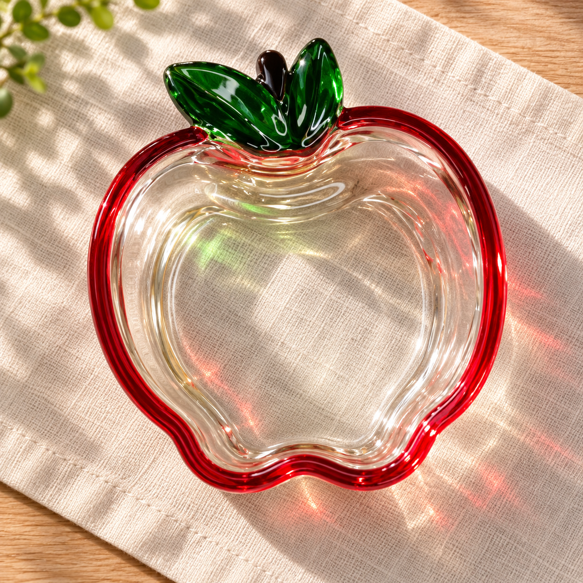 Red apple outline and green glass leaf details