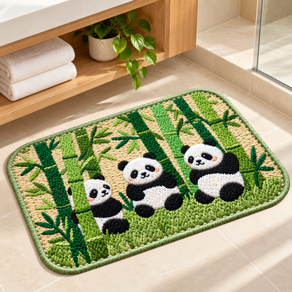 Three-panda bamboo mat design in a bathroom
