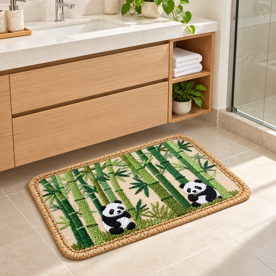Bamboo Panda Absorbent Mat beside a vanity