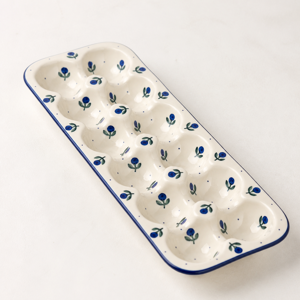 Angled view of molded ceramic egg tray