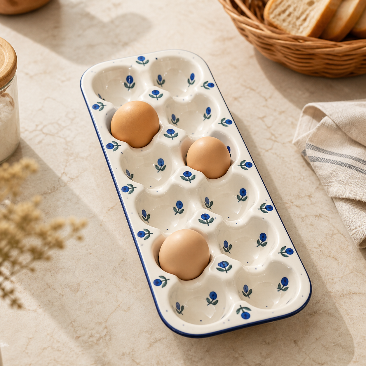 Ceramic egg tray in a breakfast setting