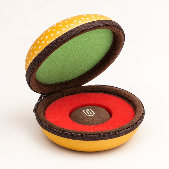 Open empty Burger Shape Watch Case showing green lid, red insert and brown watch cushion