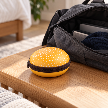 Closed Burger Shape Watch Case beside a travel bag