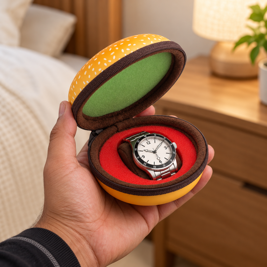 Burger Shape Watch Case held in a hand with a watch shown for demonstration