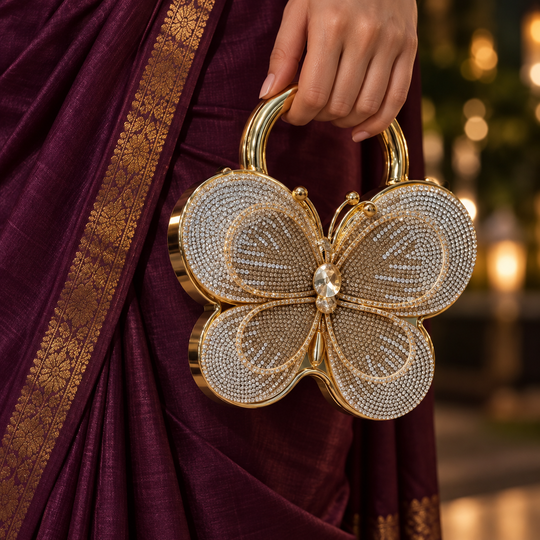 Butterfly Bling Clutch carried by its rounded handle
