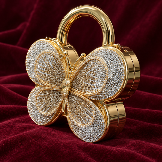 Butterfly Bling Clutch gold-tone shell and sparkling front
