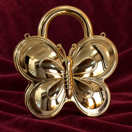 Sculpted gold-tone reverse of Butterfly Bling Clutch
