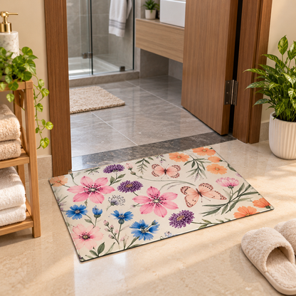 Butterfly Floral Door Mat near a bathroom doorway