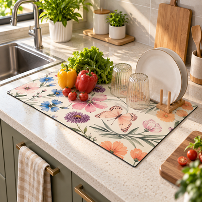 Butterfly Floral Door Mat used on a kitchen counter